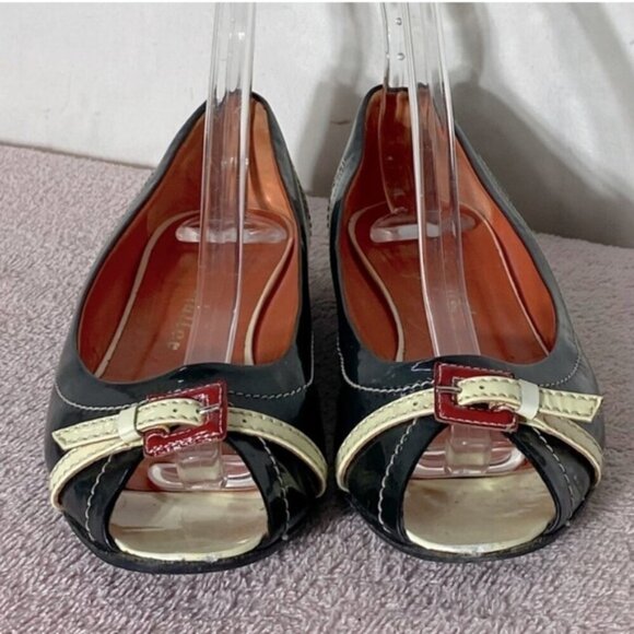 Hettye Mueller Vintage Black Patent Leather Peep Toe Flats With Buckle 36.5 - Picture 2 of 16